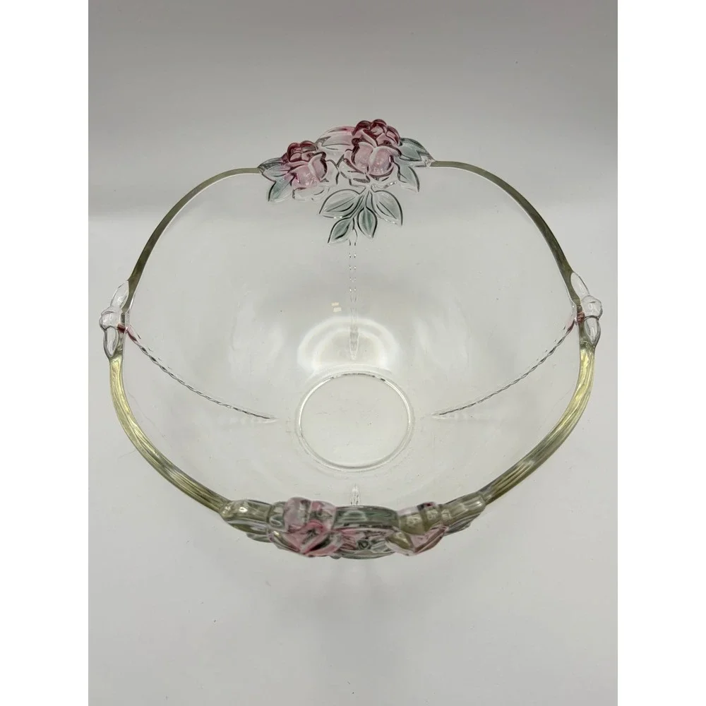 Vintage Mikasa Dusty Rose Clear Glass Serving Bowl Pink Roses 10